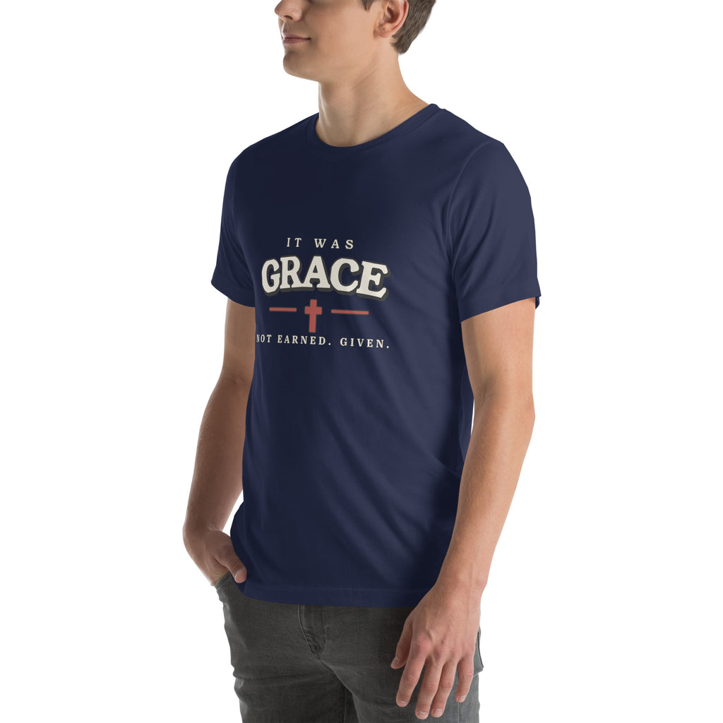 It Was Grace Christian t-shirt in blue, three-quarter left view showing the chest print