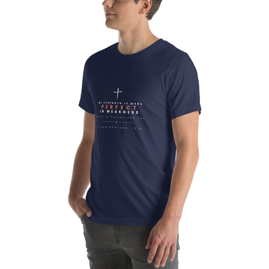 Made Perfect In Weakness 2 Corinthians 12:9 Christian t-shirt — navy, left three-quarter view