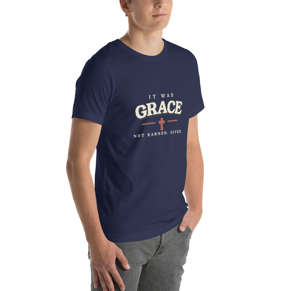 It Was Grace Christian t-shirt in blue, three-quarter right view showing the chest print