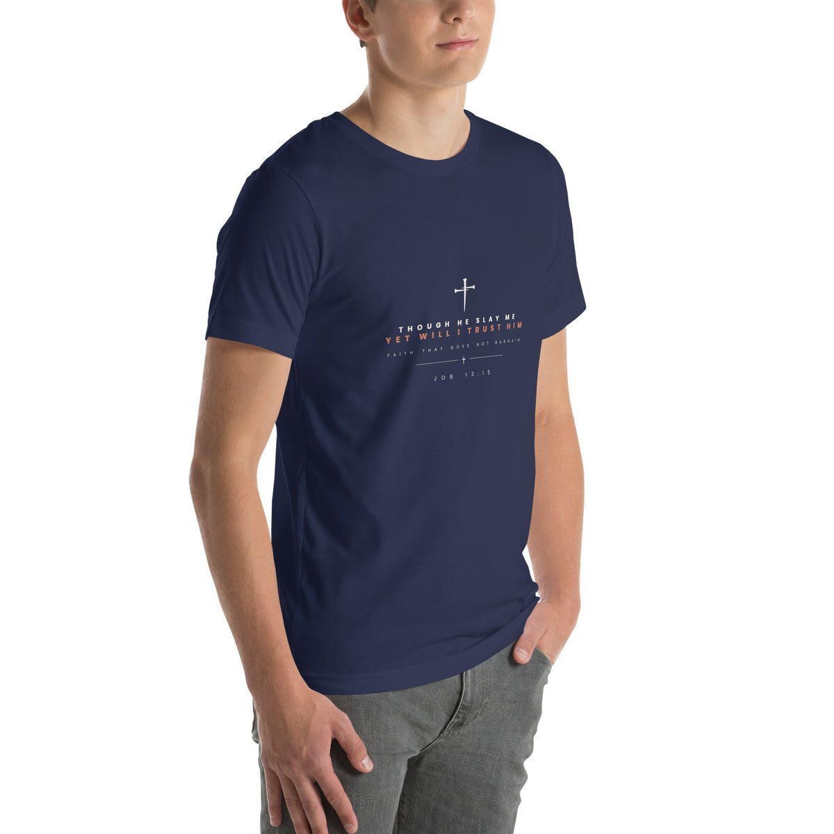 Though He Slay Me Job 13:15 Christian t-shirt — navy, right three-quarter view