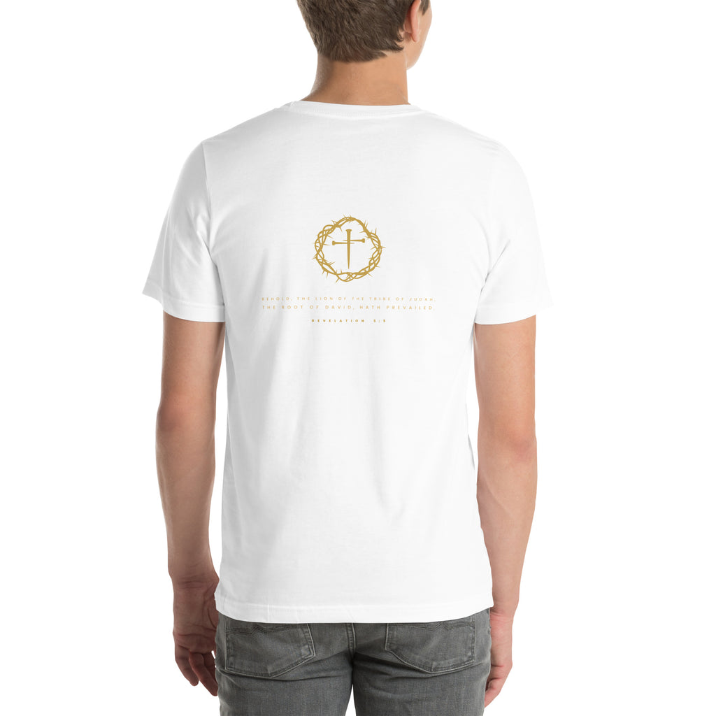 Lion of Judah Revelation 5:5 gold Christian t-shirt — white, back view with the crown, cross and Revelation 5:5 verse
