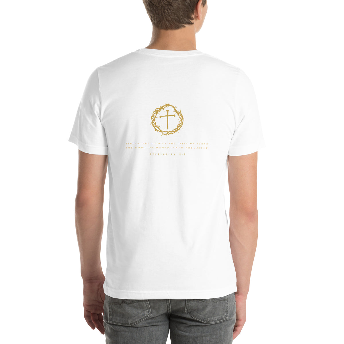 Lion of Judah Revelation 5:5 gold Christian t-shirt — white, back view with the crown, cross and Revelation 5:5 verse