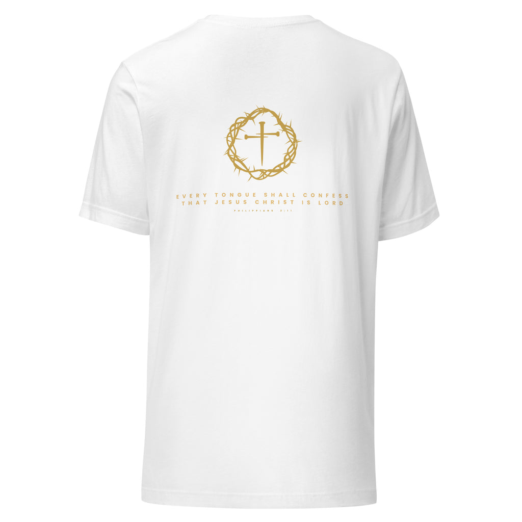 Titulus t-shirt back with crown and cross mark and Philippians 2:11, white