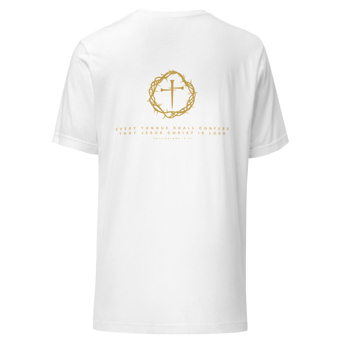Titulus t-shirt back with crown and cross mark and Philippians 2:11, white