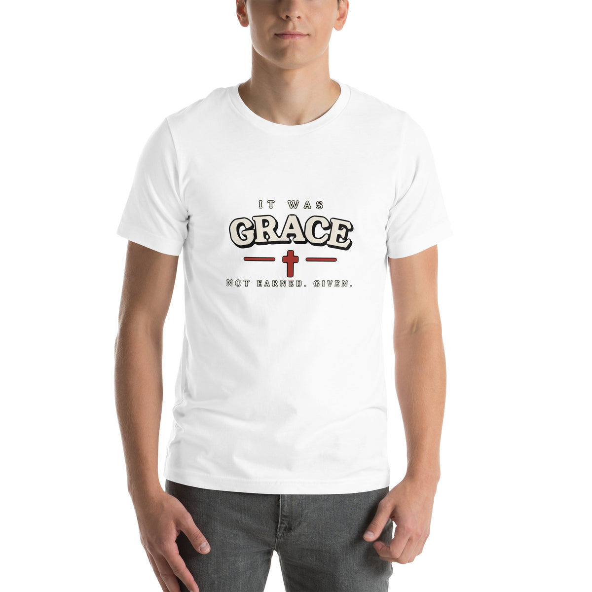 It Was Grace Christian t-shirt in white - front view of the varsity GRACE print with a red cross and the line Not Earned. Given.