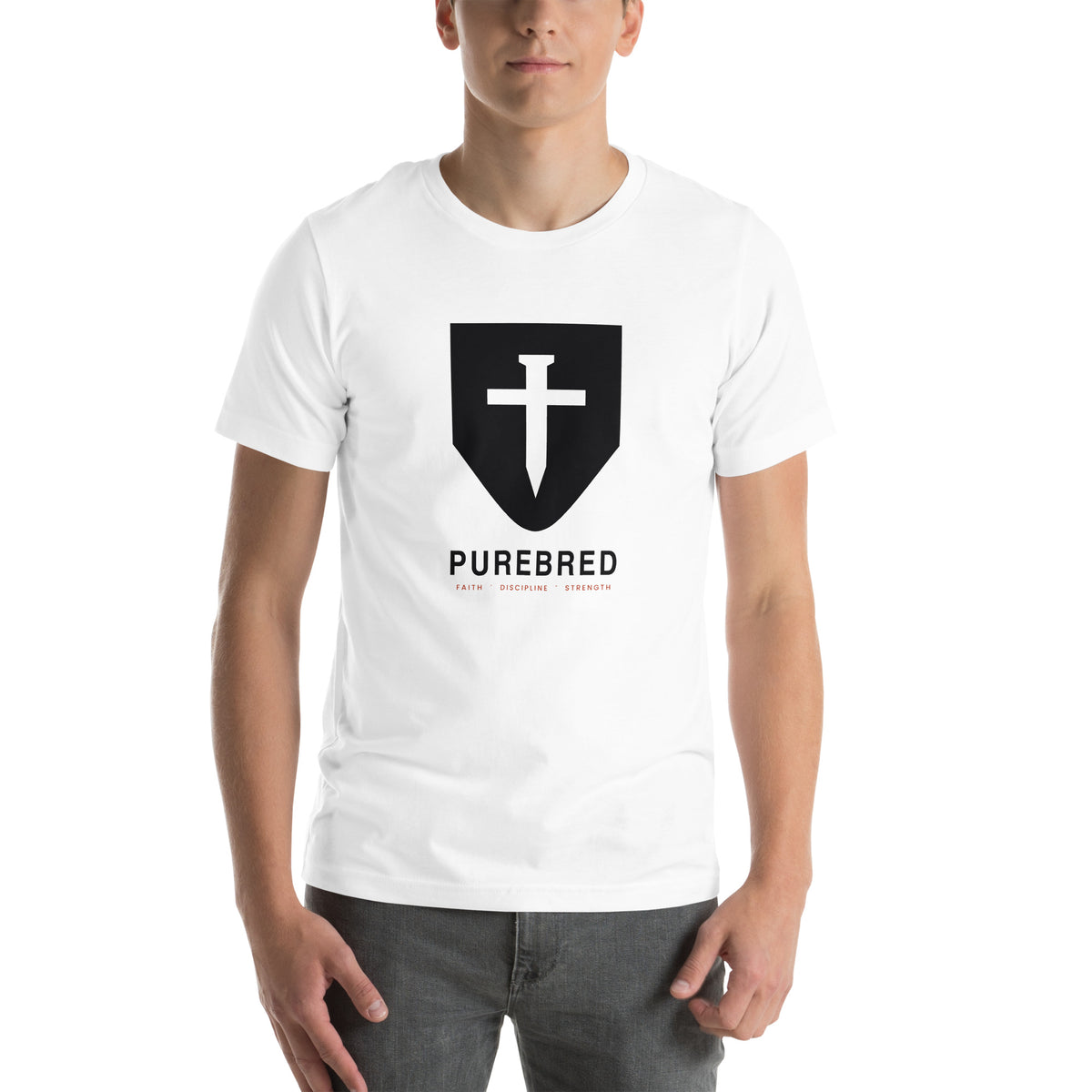 PureBred Shield Cross Christian t-shirt with nail-cross crest emblem - white, front view