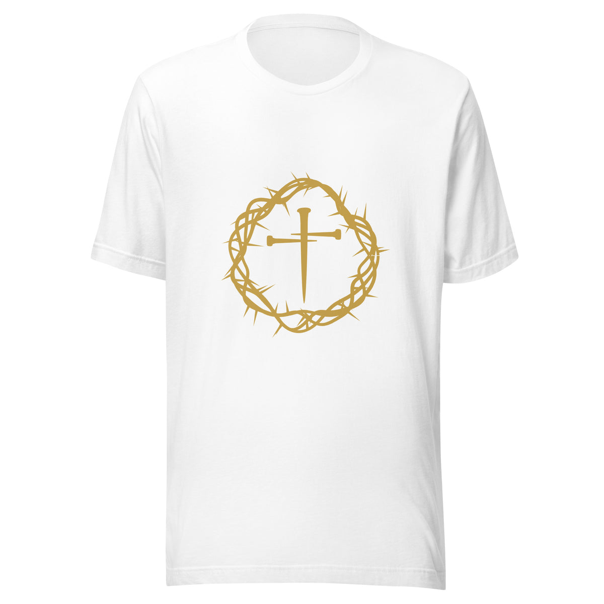 Gold crown of thorns and nails on a white Christian t-shirt - PureBred Faith