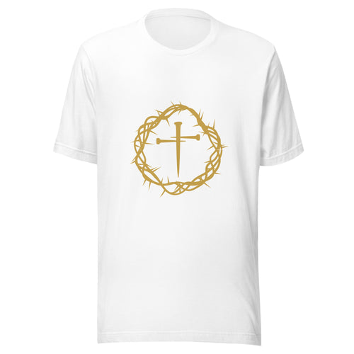 Gold crown of thorns and nails on a white Christian t-shirt - PureBred Faith