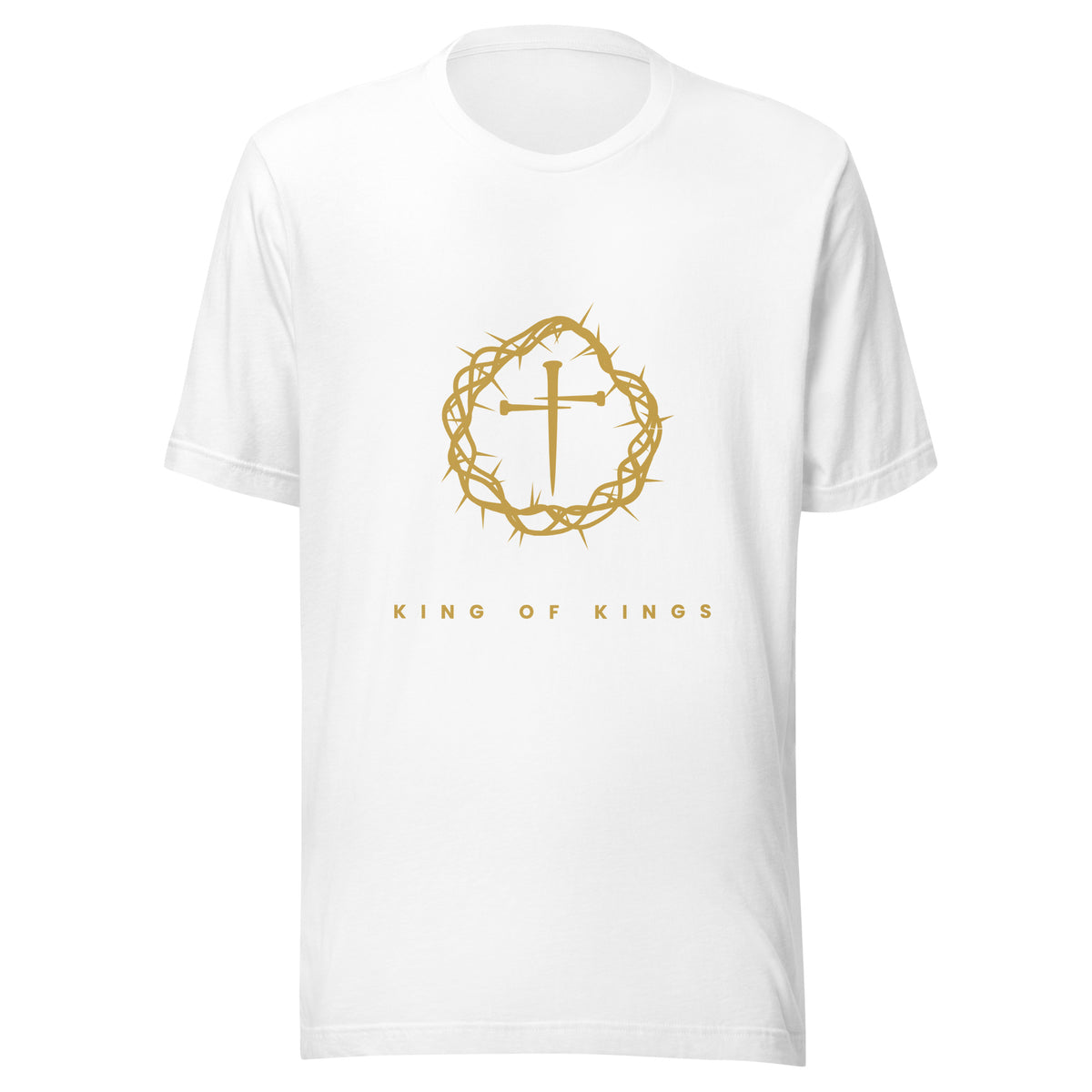 King of Kings gold cross and crown of thorns Christian t-shirt — white, front view