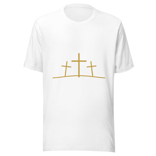 Calvary three crosses gold line art Christian t-shirt — white, front view