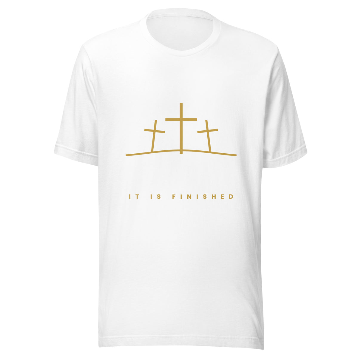 It Is Finished John 19:30 gold Calvary Christian t-shirt — white, front view