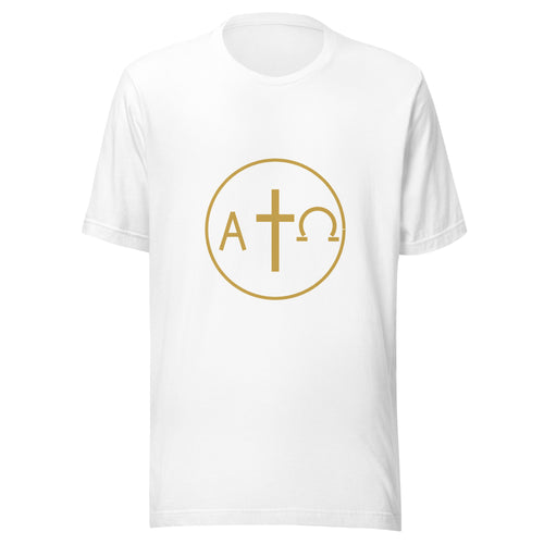 Alpha and Omega gold cross Christian t-shirt — white, front view