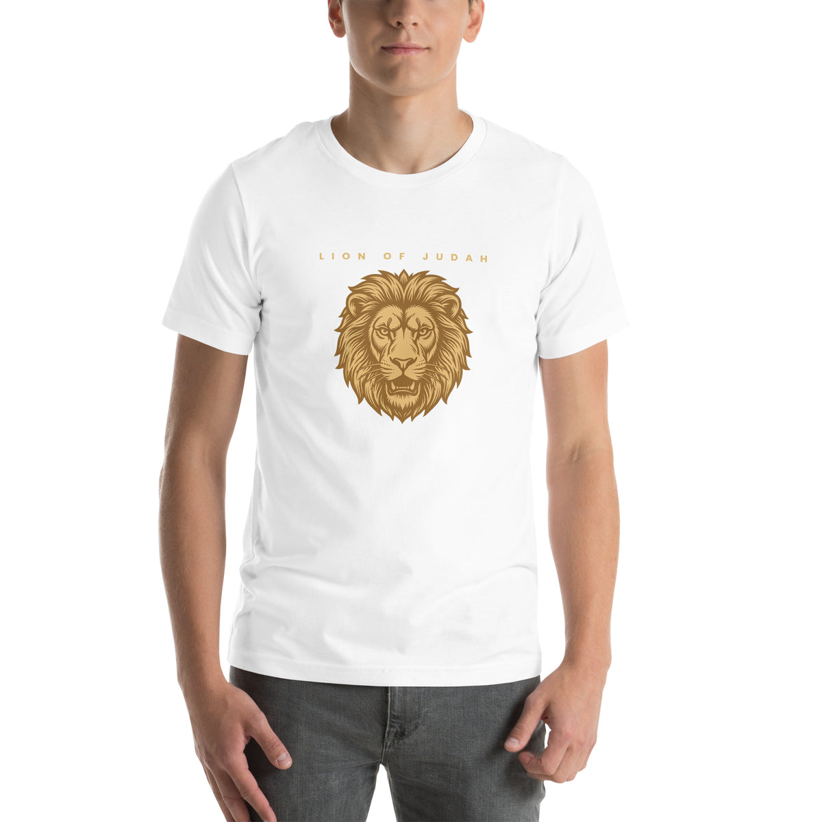 Lion of Judah Revelation 5:5 gold Christian t-shirt — white, front view of the gold lion and title