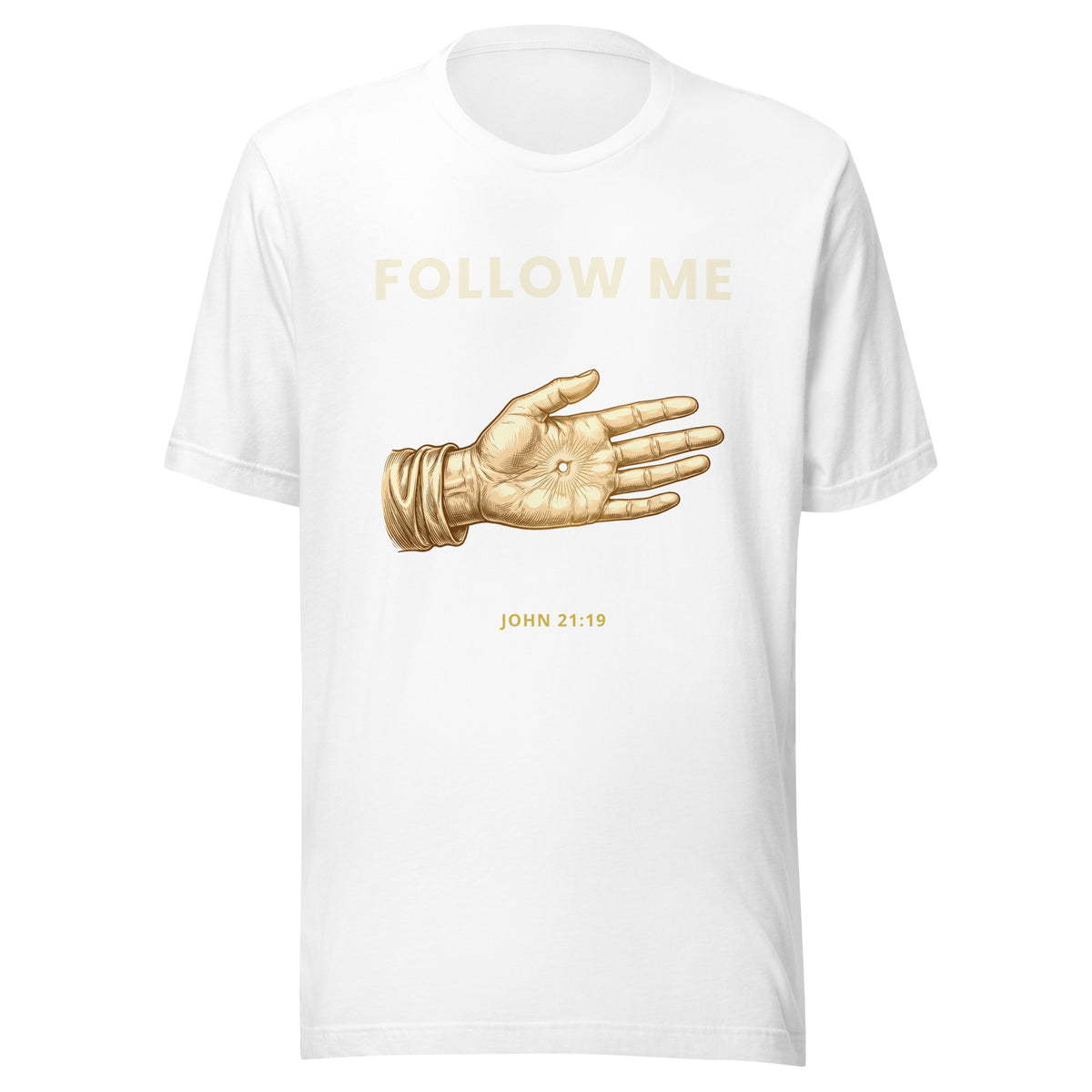 Follow Me nail-pierced hand gold t-shirt by PureBred Faith, white, front