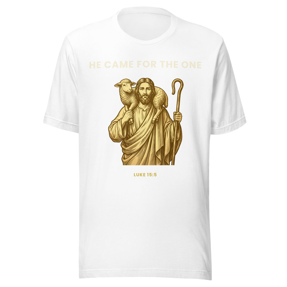 He Came For The One Good Shepherd gold t-shirt by PureBred Faith, white, front