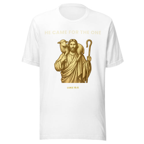 He Came For The One Good Shepherd gold t-shirt by PureBred Faith, white, front