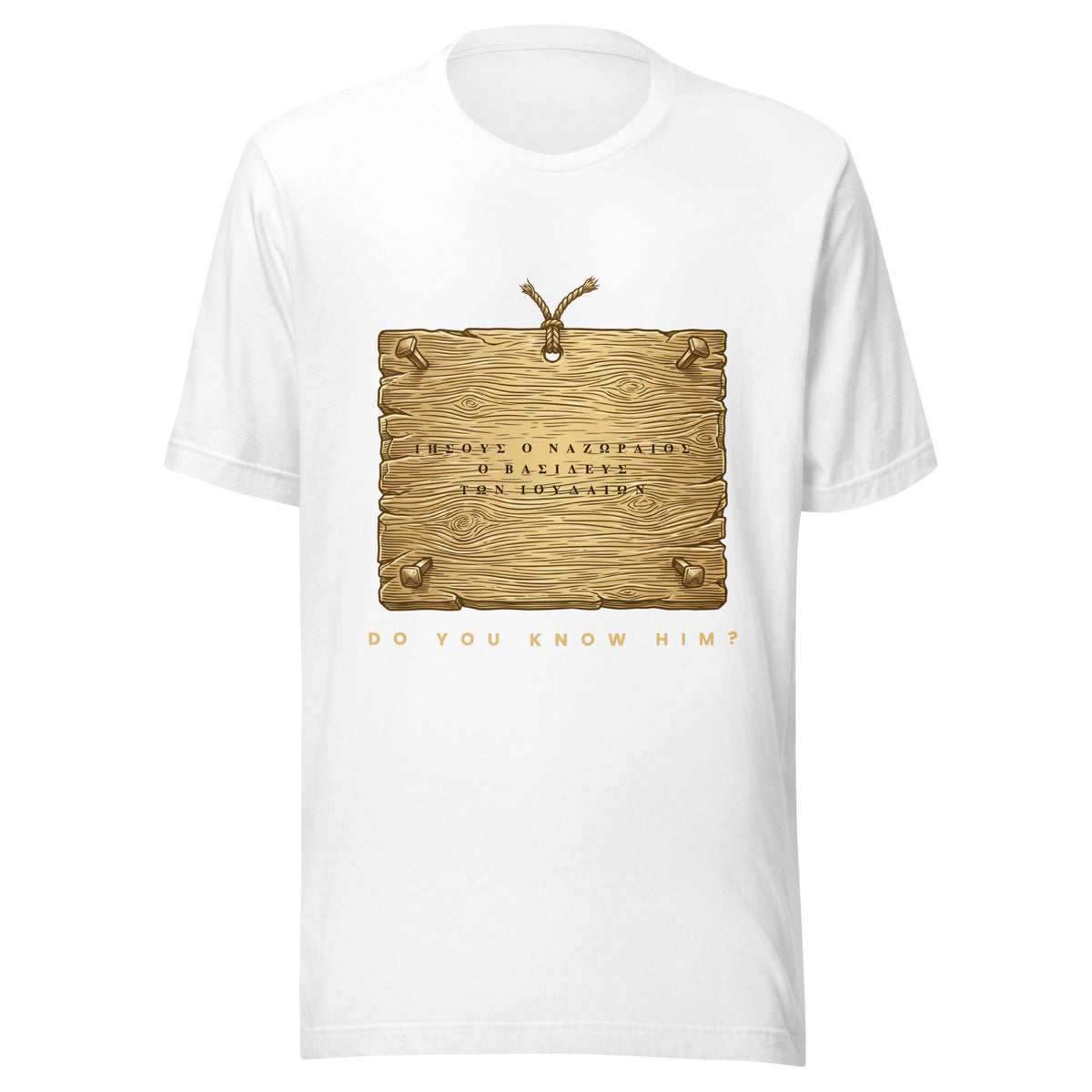 Titulus Greek carved sign gold t-shirt by PureBred Faith, white, front