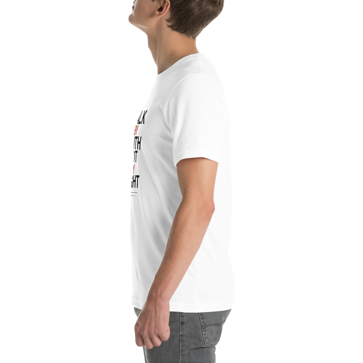 Walk By Faith Not By Sight Christian t-shirt, 2 Corinthians 5:7 streetwear print — white, left side