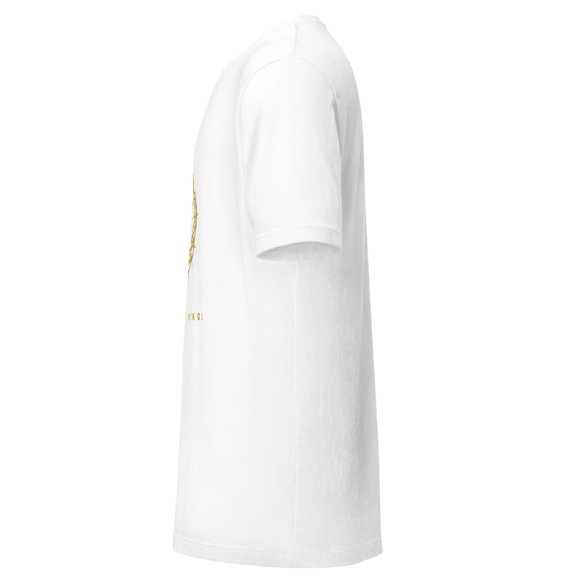 King of Kings gold cross and crown of thorns Christian t-shirt — white, left side view