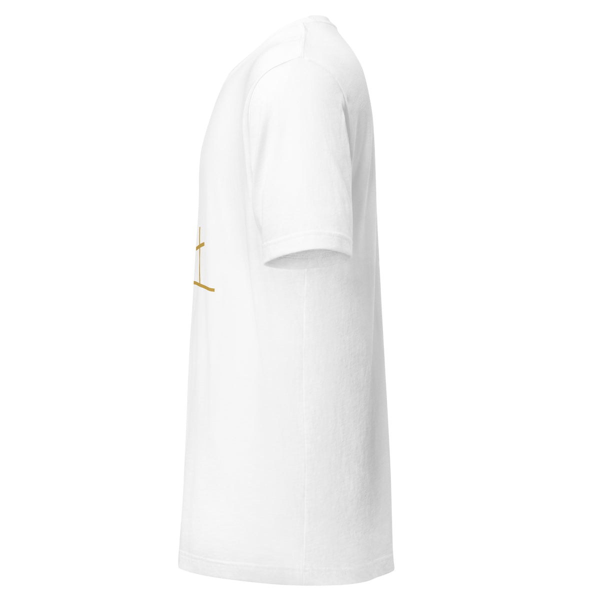 Calvary three crosses gold line art Christian t-shirt — white, left side view