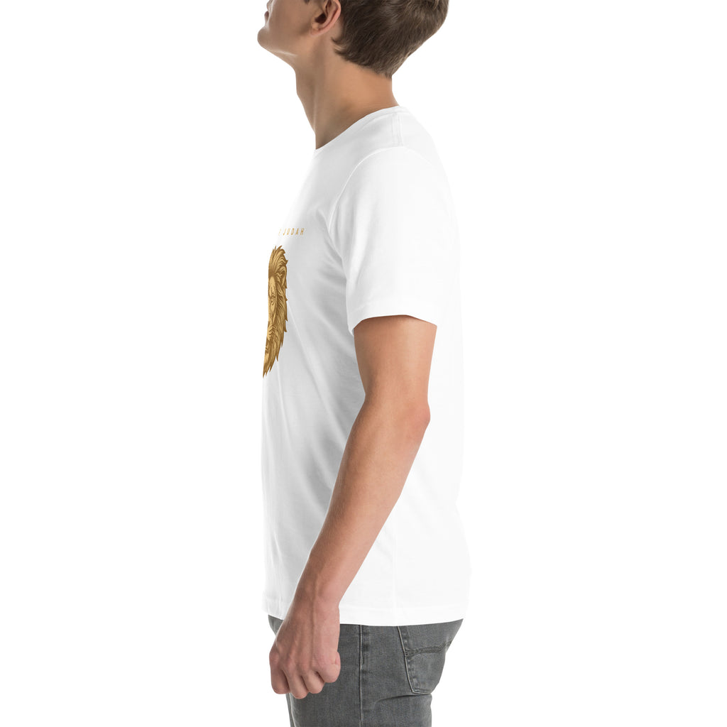 Lion of Judah Revelation 5:5 gold Christian t-shirt — white, left side view