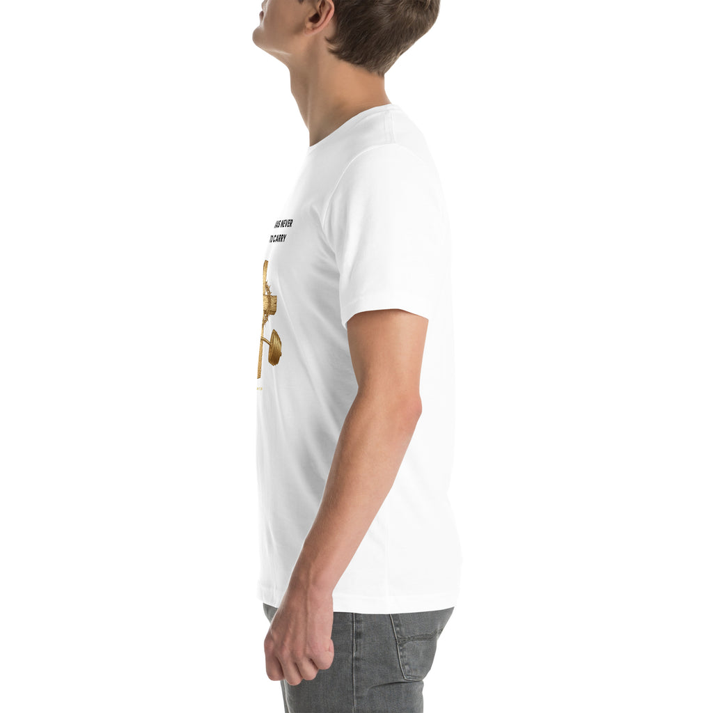 White t-shirt, left side view, showing the sleeve and shoulder fit