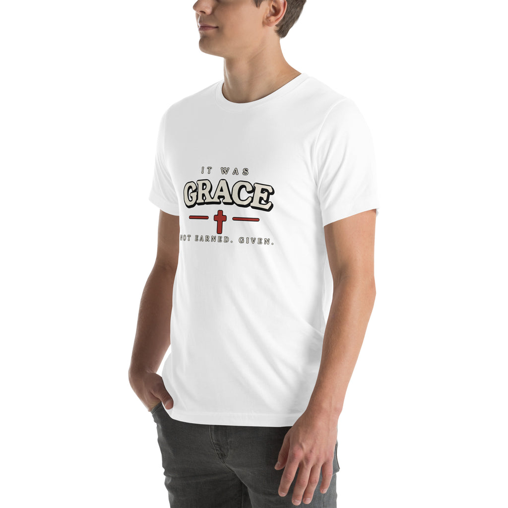 It Was Grace Christian t-shirt in white, three-quarter left view showing the chest print