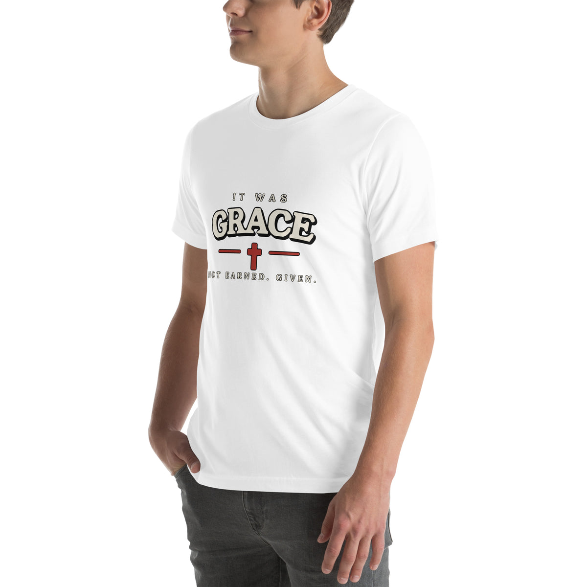 It Was Grace Christian t-shirt in white, three-quarter left view showing the chest print
