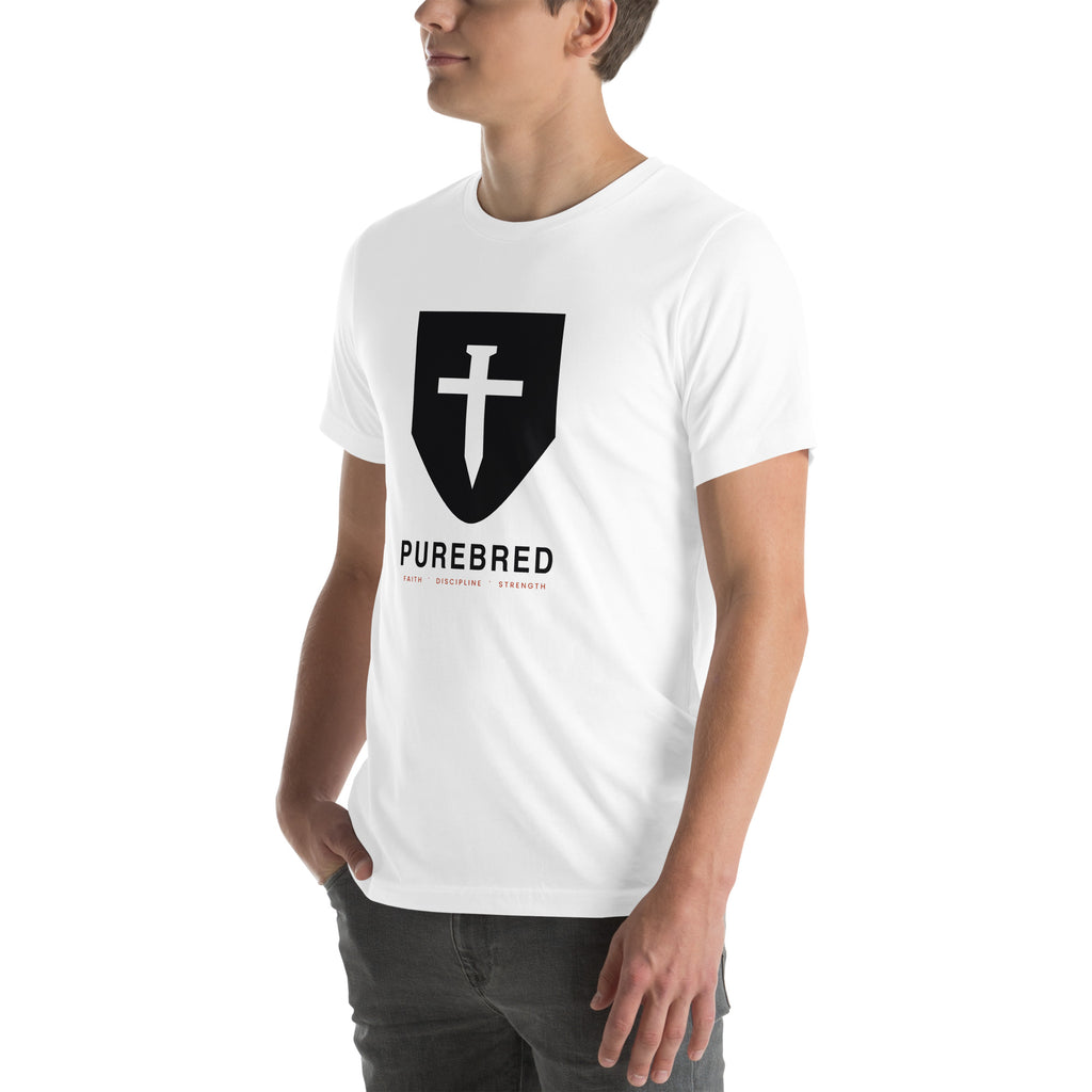 PureBred Shield Cross Christian t-shirt - white, three-quarter left view