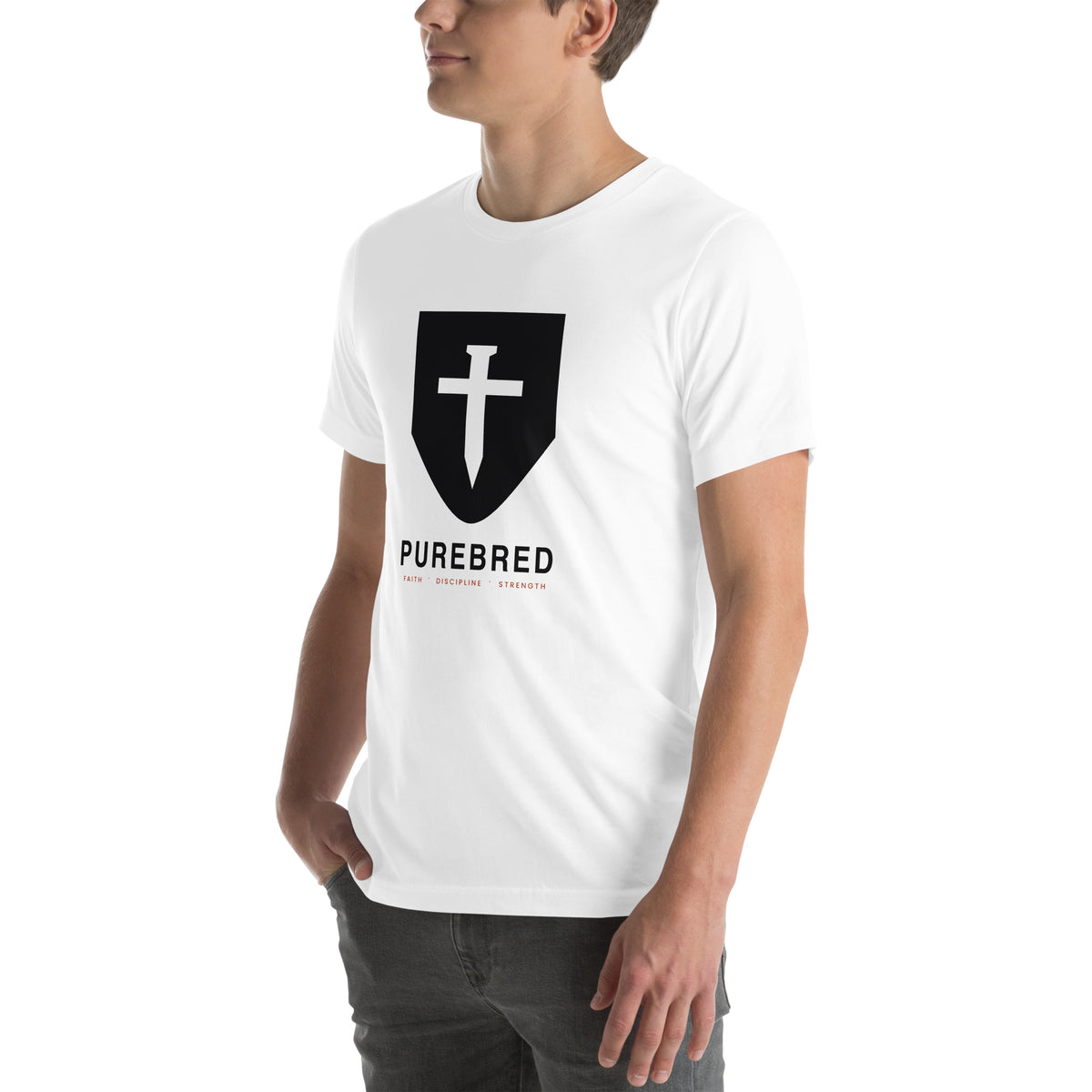 PureBred Shield Cross Christian t-shirt - white, three-quarter left view