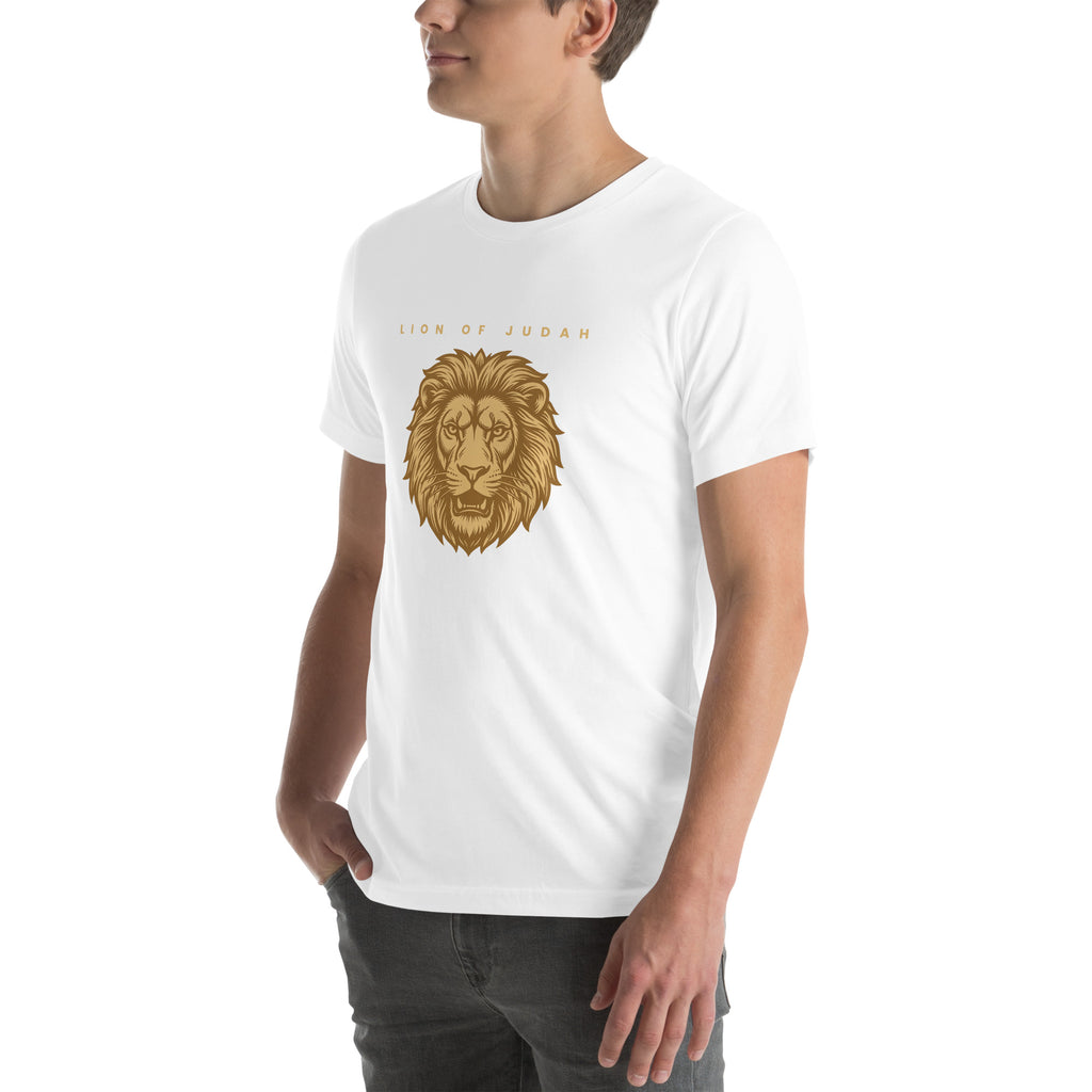 Lion of Judah Revelation 5:5 gold Christian t-shirt — white, left three-quarter view