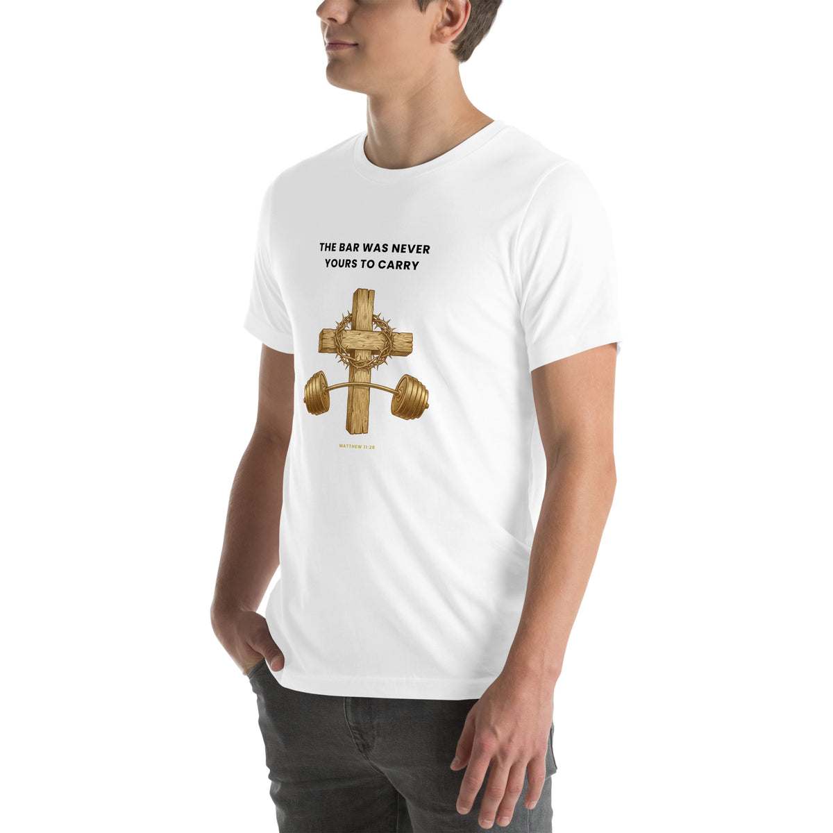 White t-shirt worn by a model, left front angle, showing the gold cross and barbell chest print