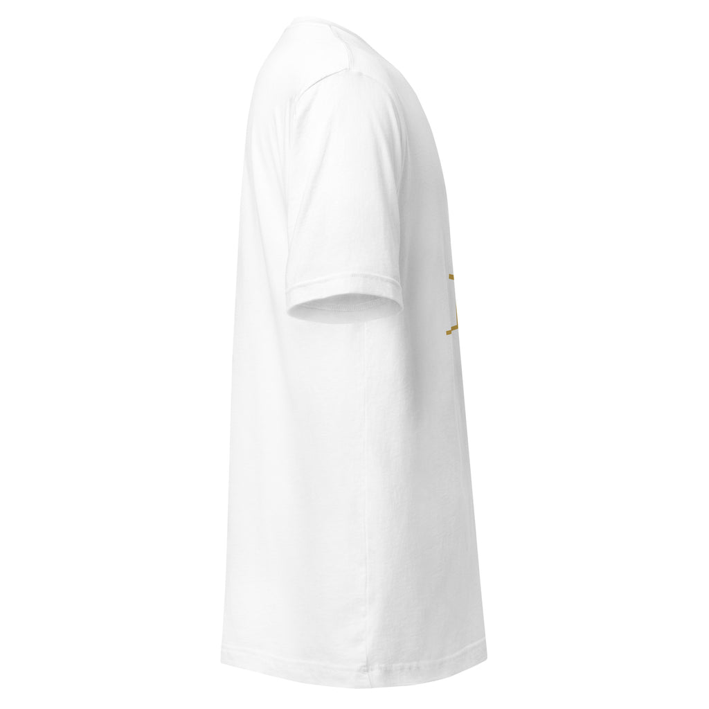 Calvary three crosses gold line art Christian t-shirt — white, right side view
