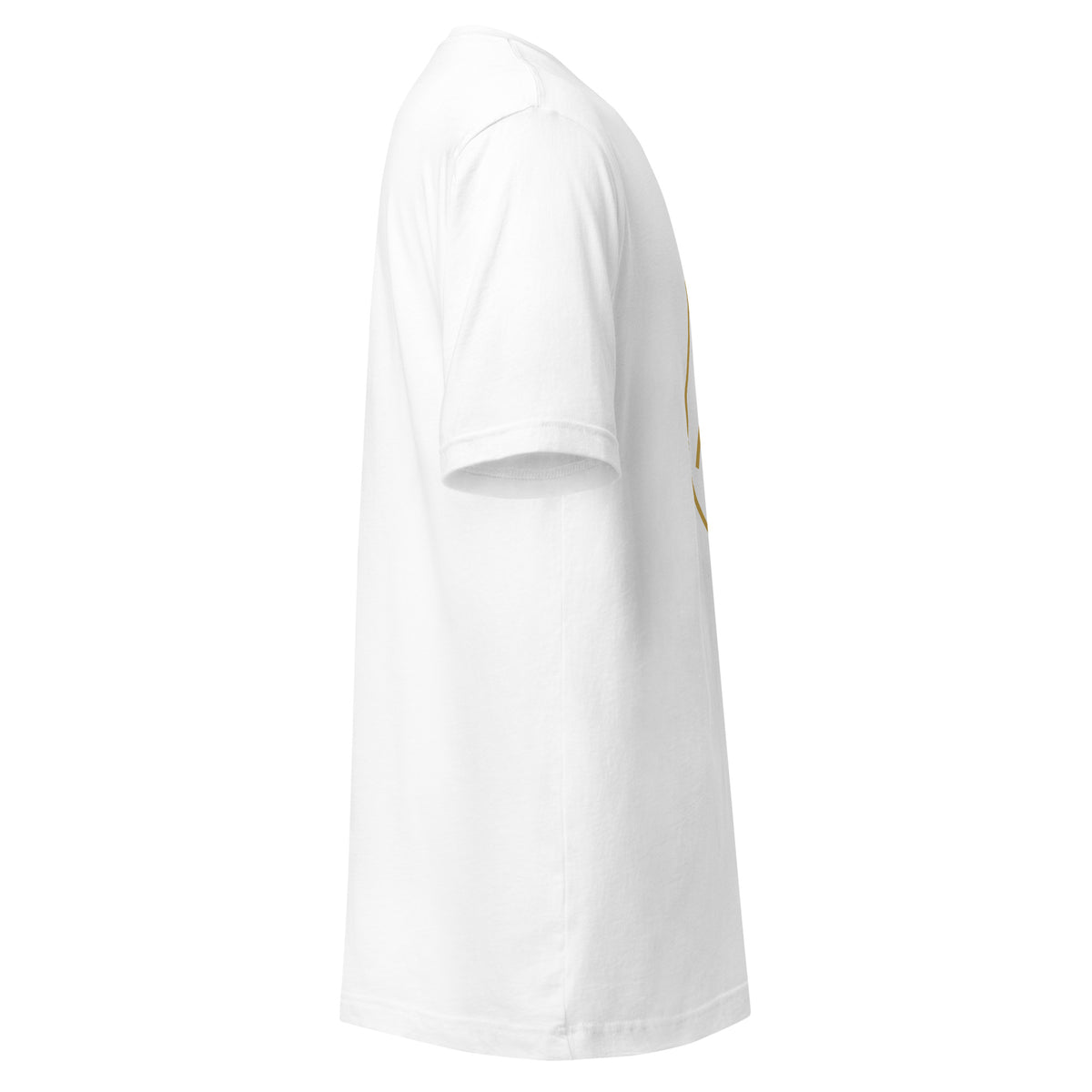 Alpha and Omega gold cross Christian t-shirt — white, right side view