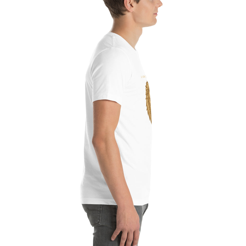 Lion of Judah Revelation 5:5 gold Christian t-shirt — white, right side view