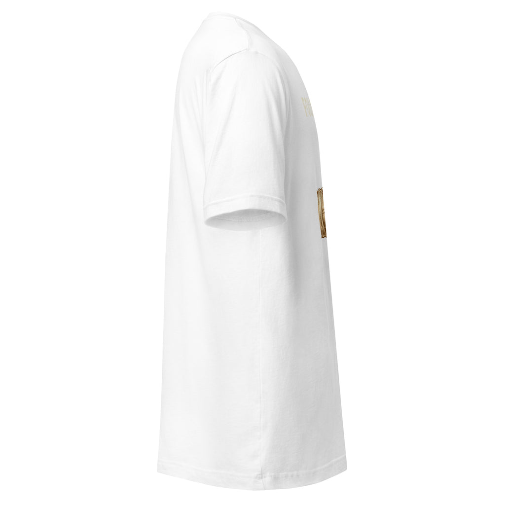 Follow Me nail-pierced hand gold t-shirt by PureBred Faith, white, right side
