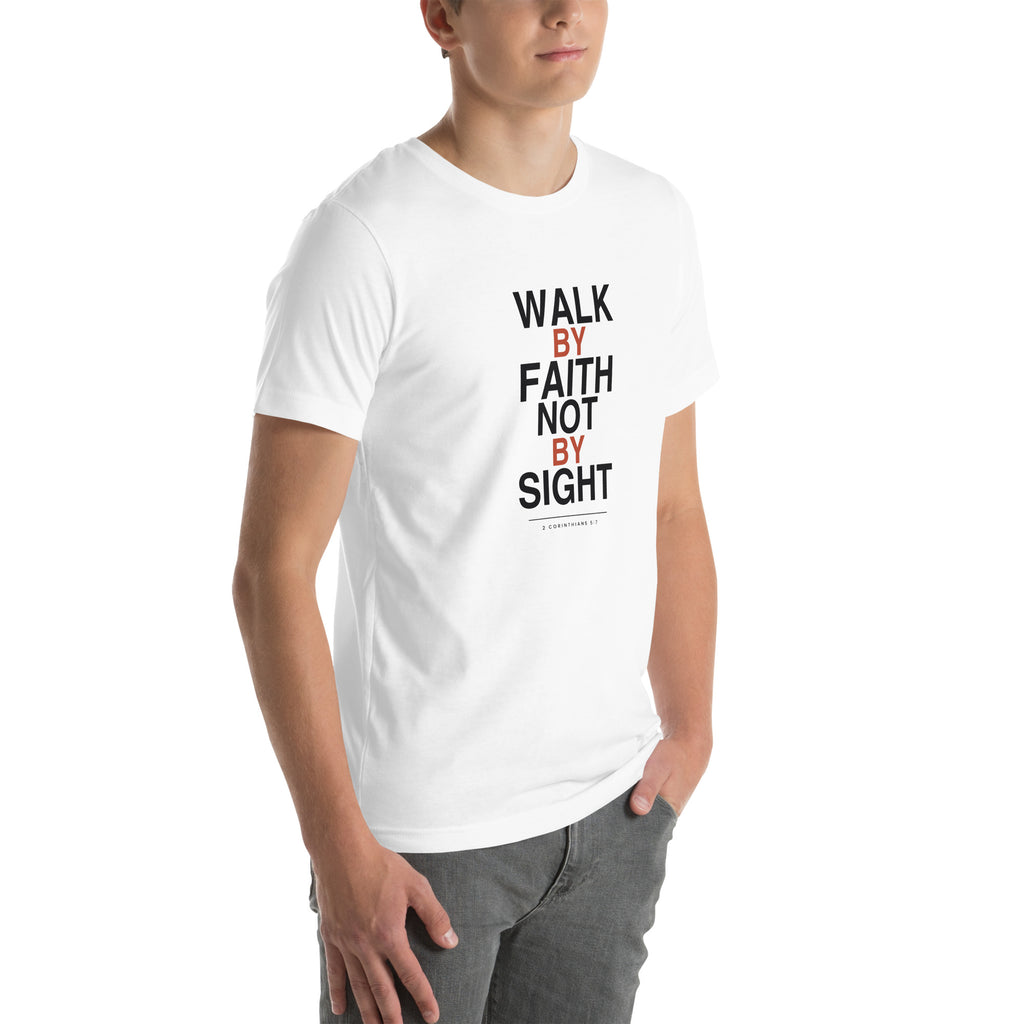 Walk By Faith Not By Sight Christian t-shirt, 2 Corinthians 5:7 streetwear print — white, right three-quarter view