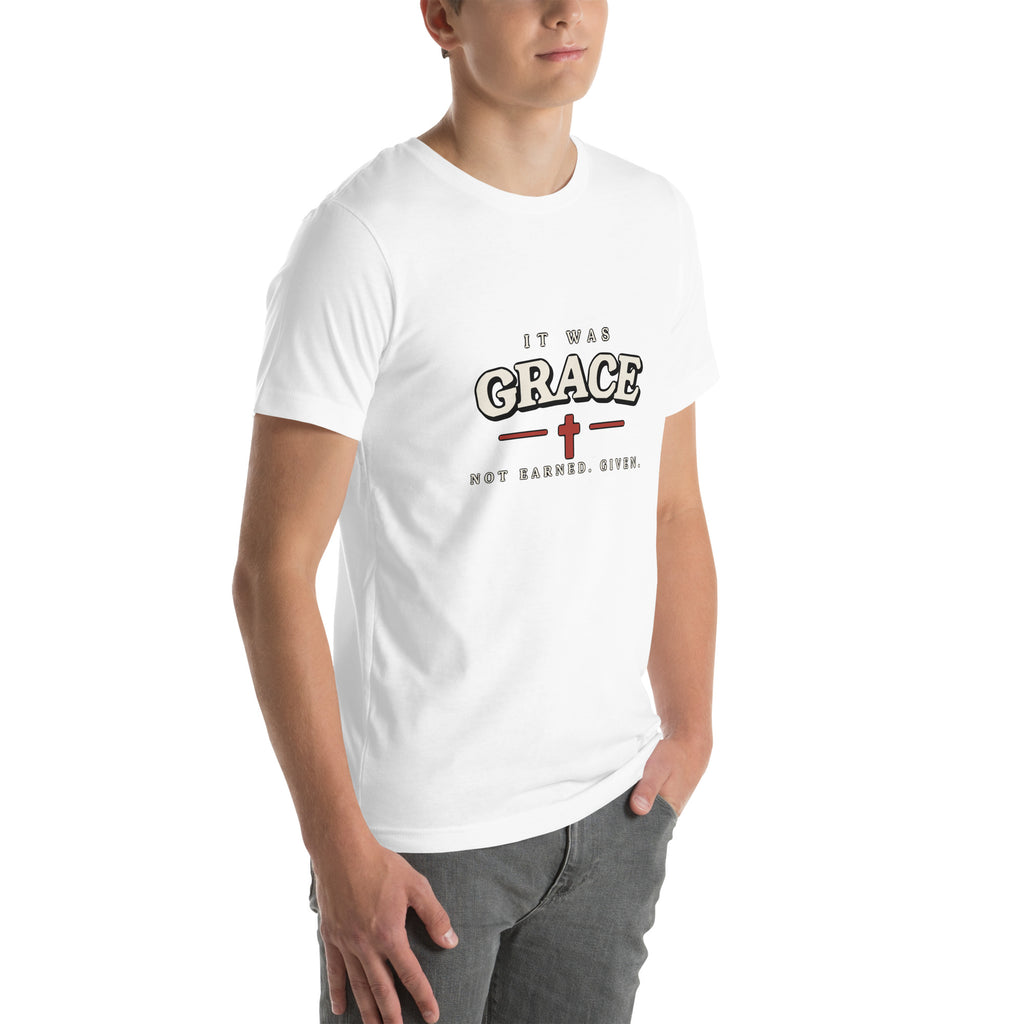It Was Grace Christian t-shirt in white, three-quarter right view showing the chest print