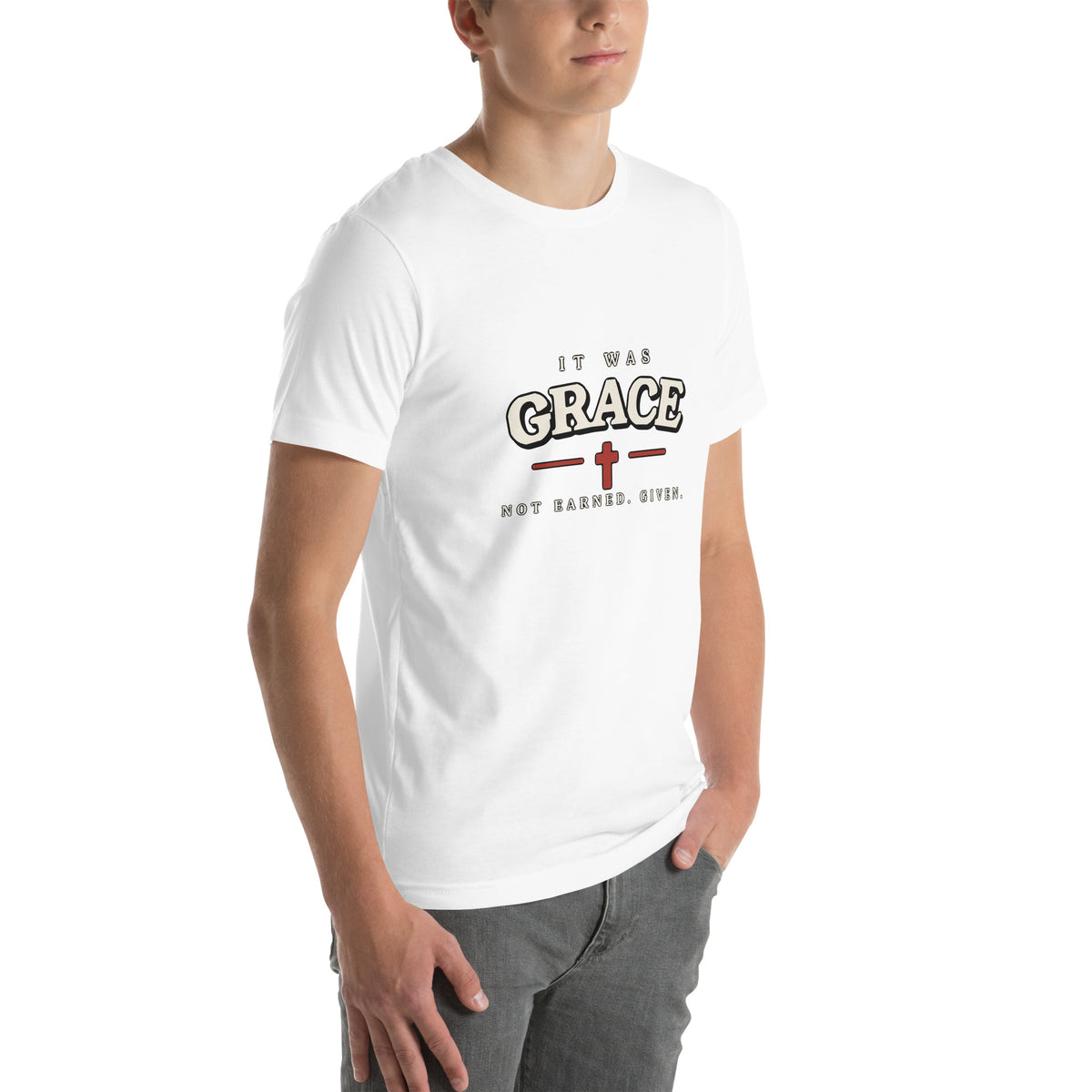 It Was Grace Christian t-shirt in white, three-quarter right view showing the chest print