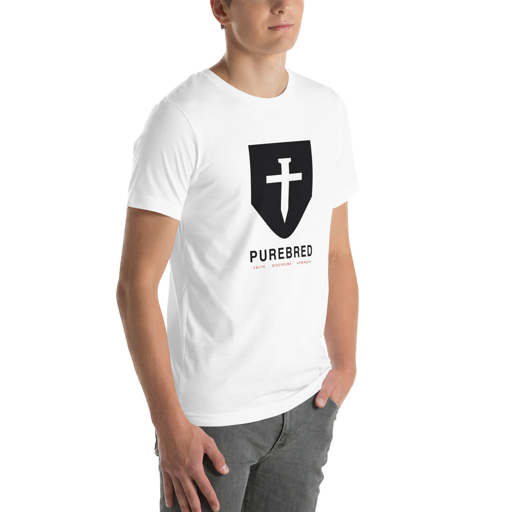 PureBred Shield Cross Christian t-shirt - white, three-quarter right view