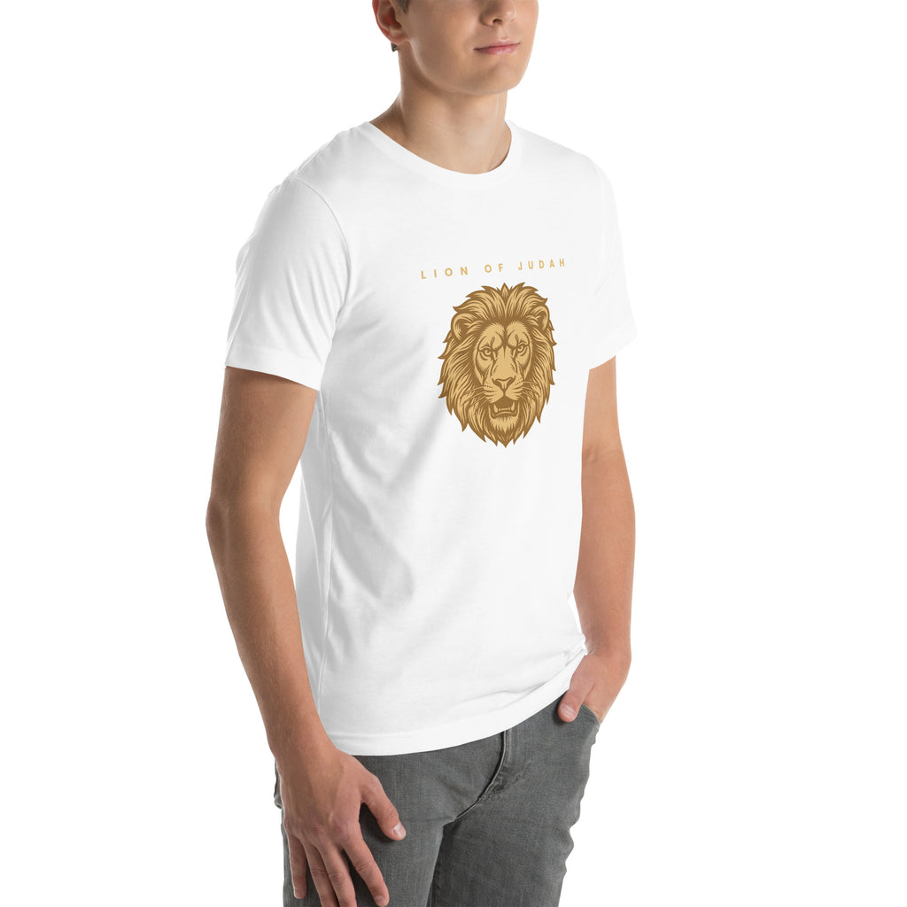 Lion of Judah Revelation 5:5 gold Christian t-shirt — white, right three-quarter view