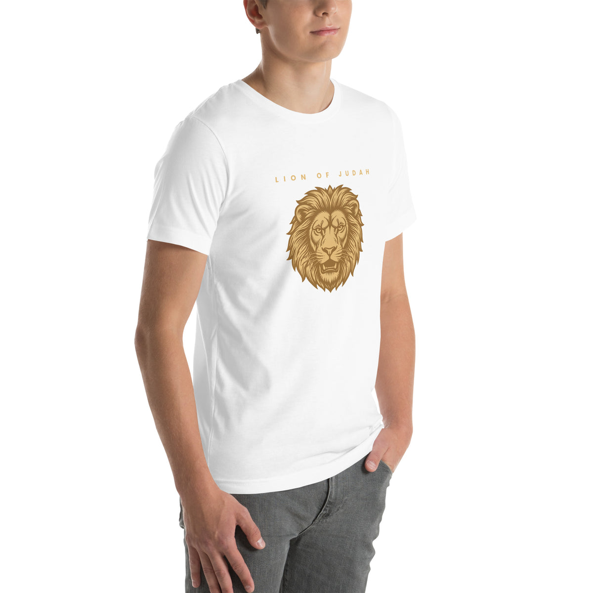 Lion of Judah Revelation 5:5 gold Christian t-shirt — white, right three-quarter view
