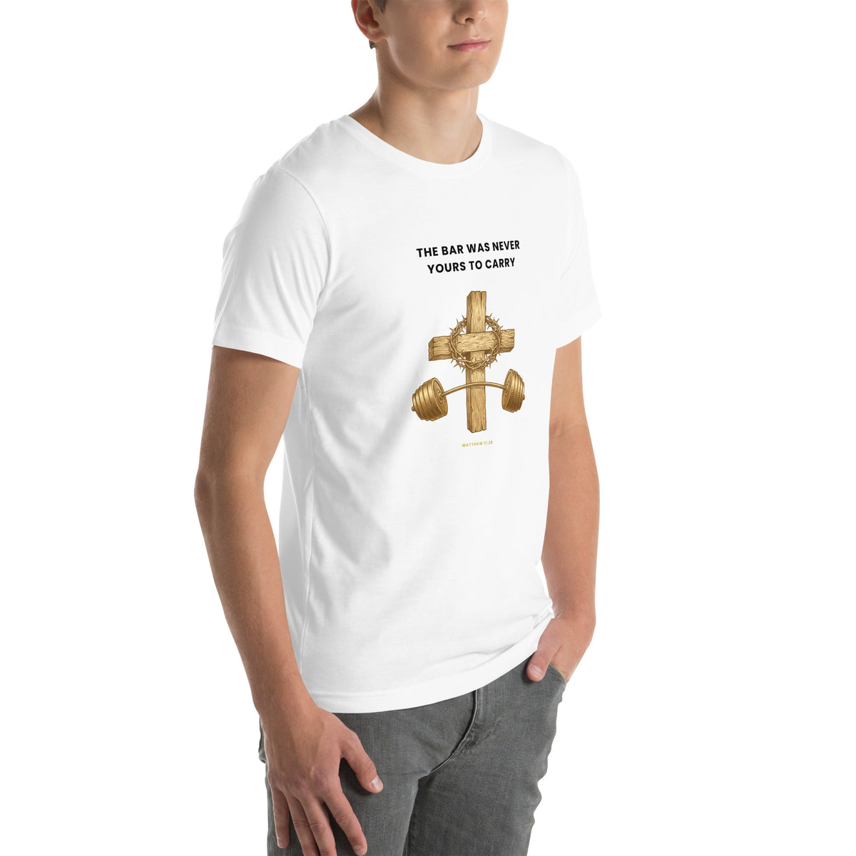 White t-shirt worn by a model, right front angle, showing the gold cross and barbell chest print