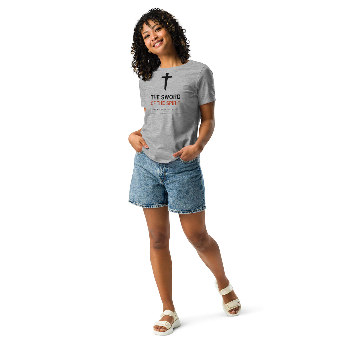 Woman wearing The Sword Of The Spirit relaxed t-shirt, full-length view