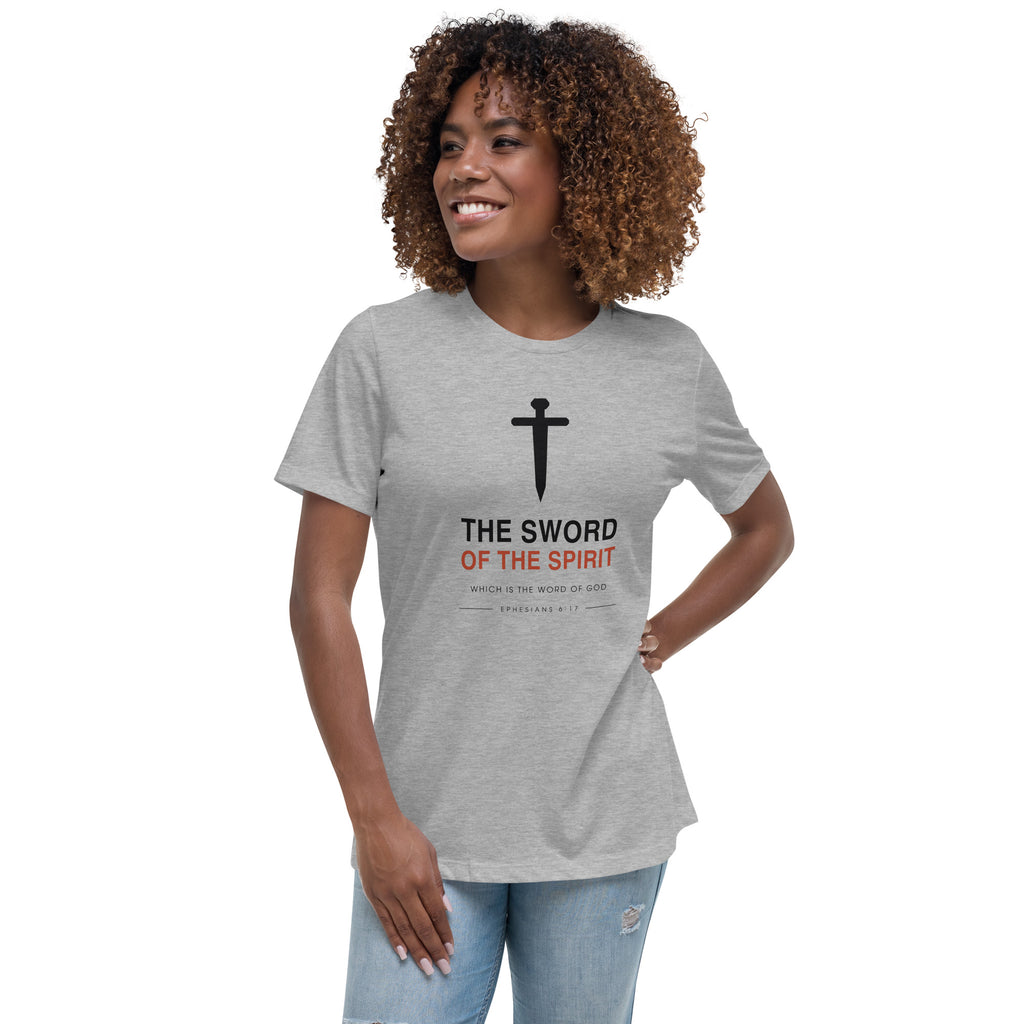 Woman wearing The Sword Of The Spirit athletic heather relaxed t-shirt, front view