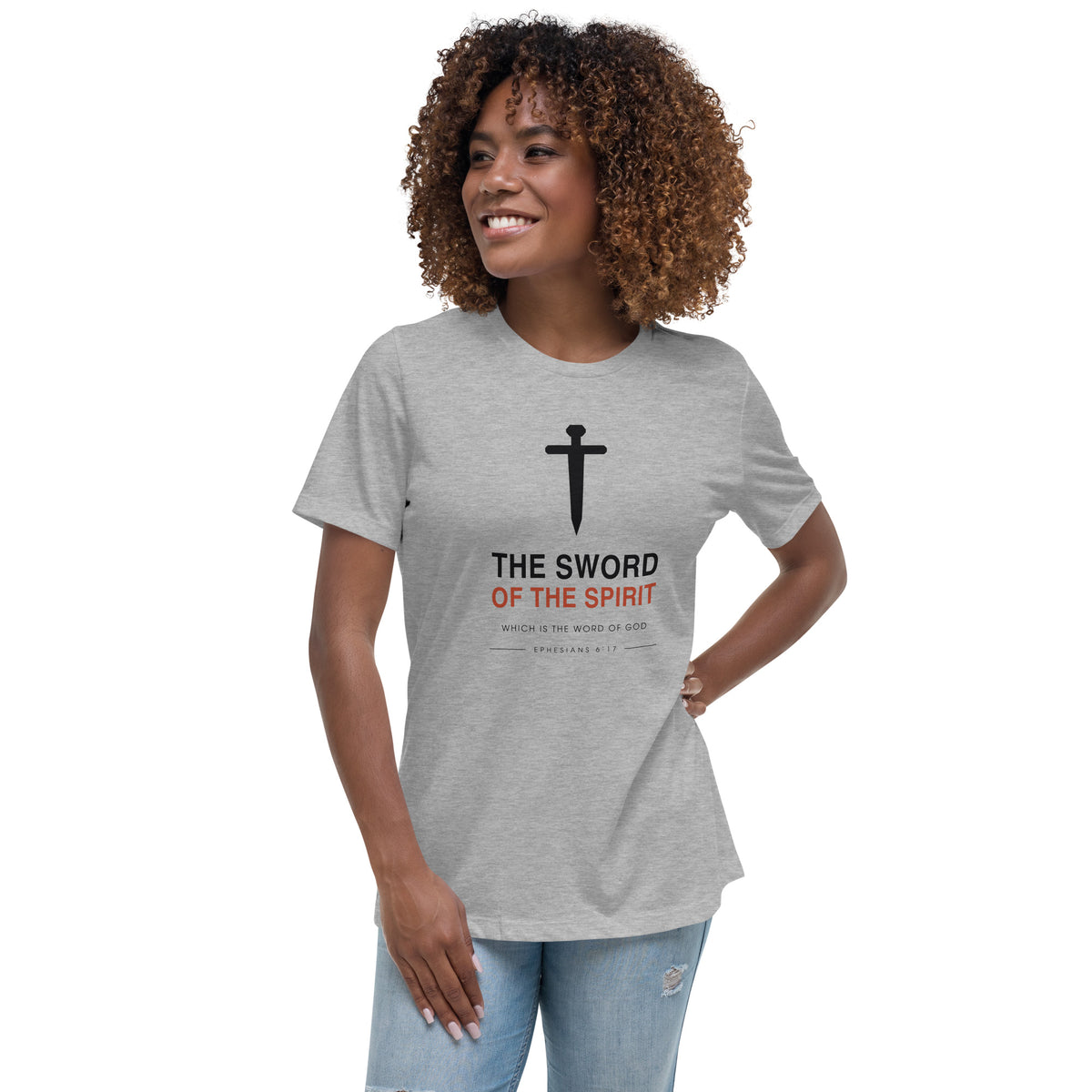 Woman wearing The Sword Of The Spirit athletic heather relaxed t-shirt, front view