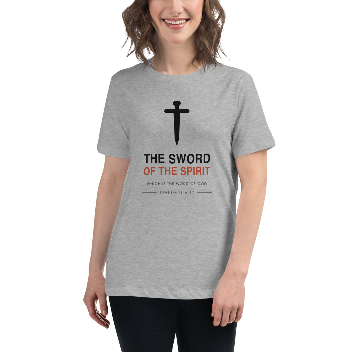 Woman wearing The Sword Of The Spirit relaxed t-shirt in athletic heather, front view