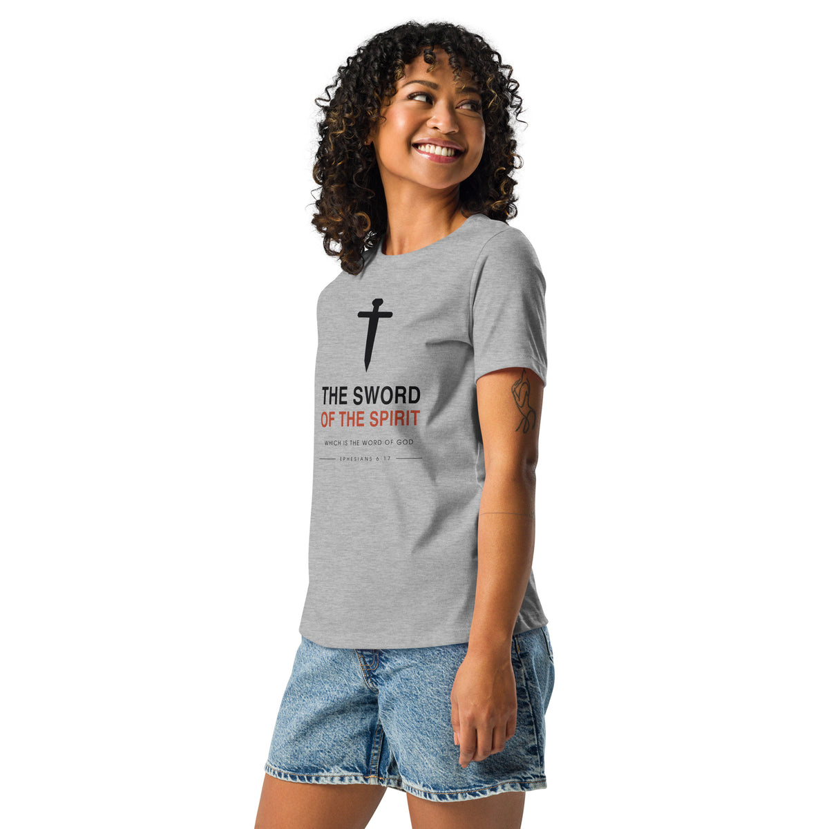 Woman wearing The Sword Of The Spirit relaxed t-shirt, three-quarter view