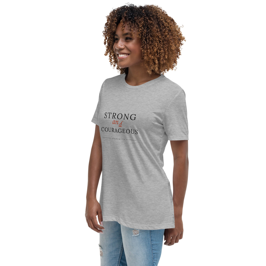 Strong & Courageous Joshua 1:9 — woman wearing the athletic heather relaxed tee, three-quarter view showing the fit