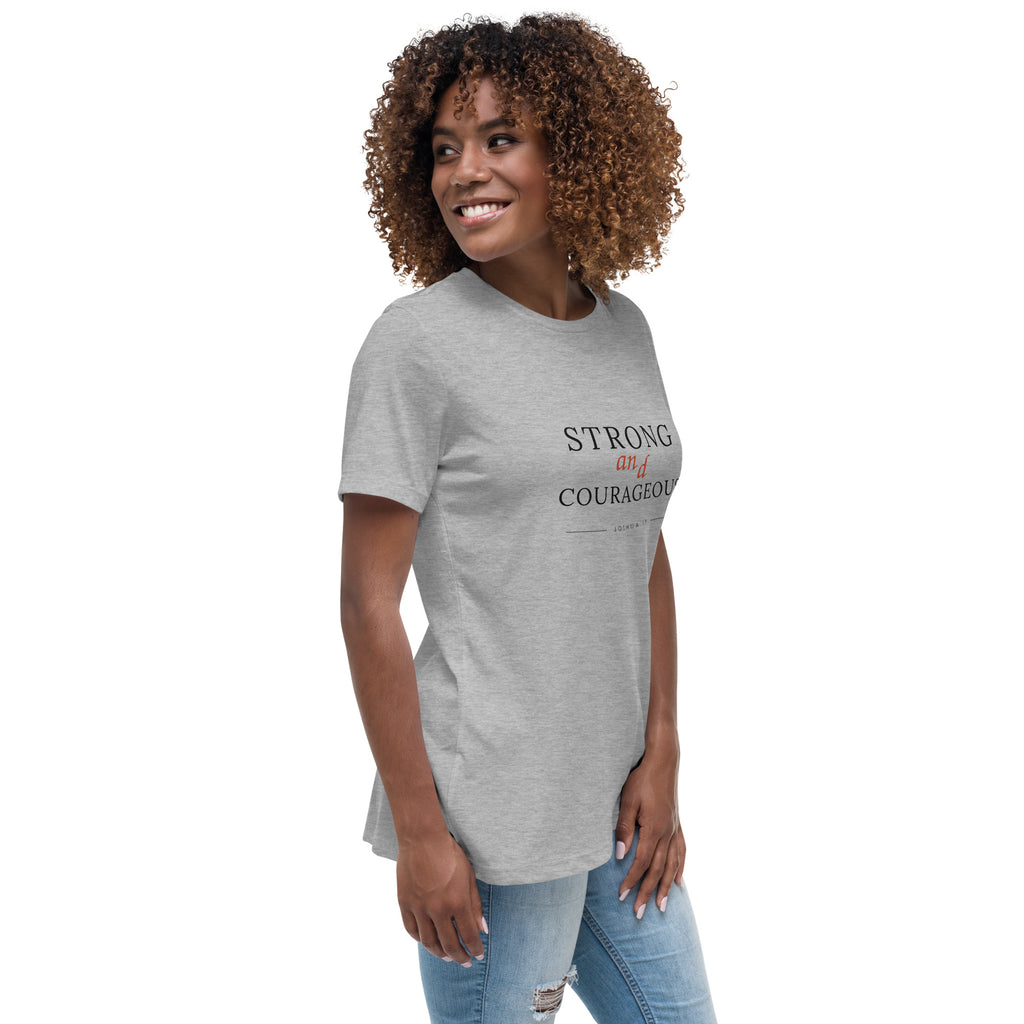 Strong & Courageous Joshua 1:9 — woman wearing the athletic heather women's relaxed tee, front view